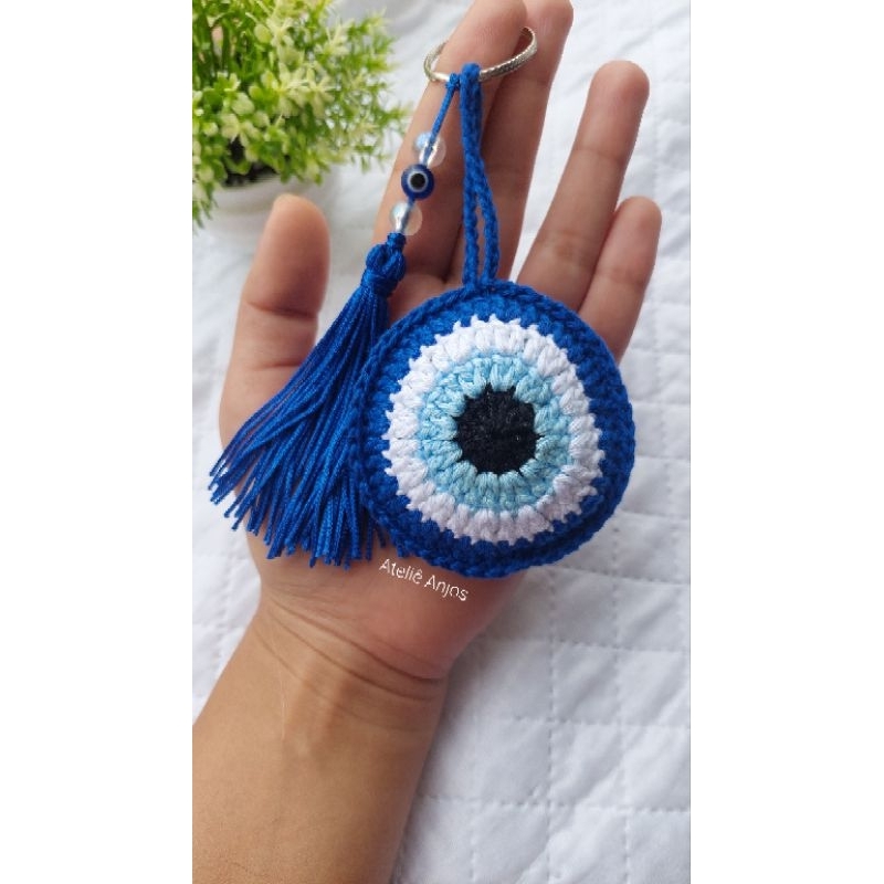 Chaveiro de olho grego em crochê várias cores azul, verde, rosa, branco - Ateliê Anjos