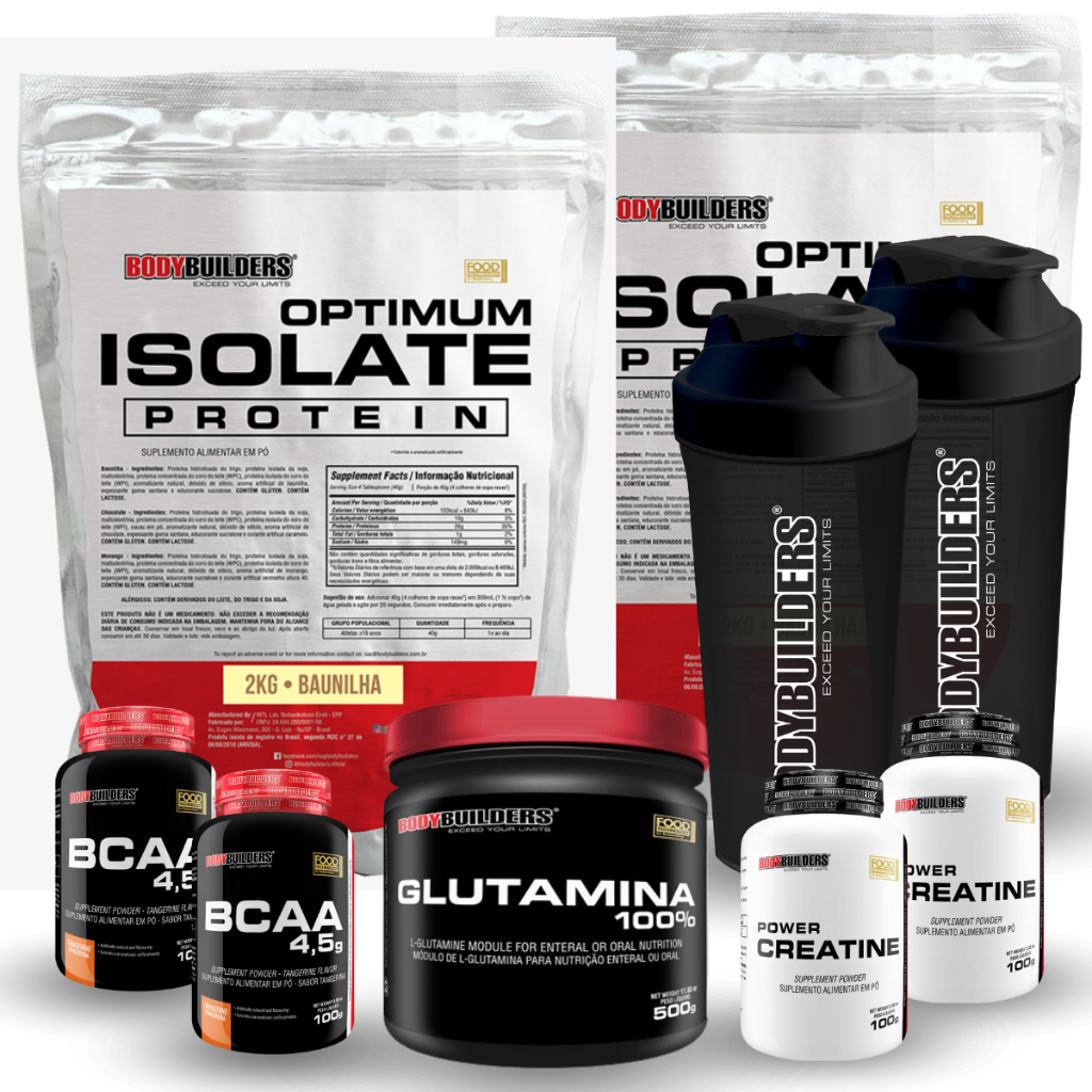 Kit 2 Whey Protein Isolado Optimum 2kg + 2 BCAA 100g + 2 Creatina100g + Glutamina 500g + 2 Coqueteleira - Bodybuilders