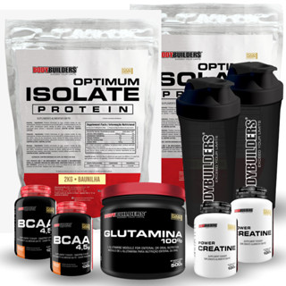 Kit 2 Whey Protein Isolado Optimum 2kg + 2 BCAA 100g + 2 Creatina100g + Glutamina 500g + 2 Coqueteleira - Bodybuilders