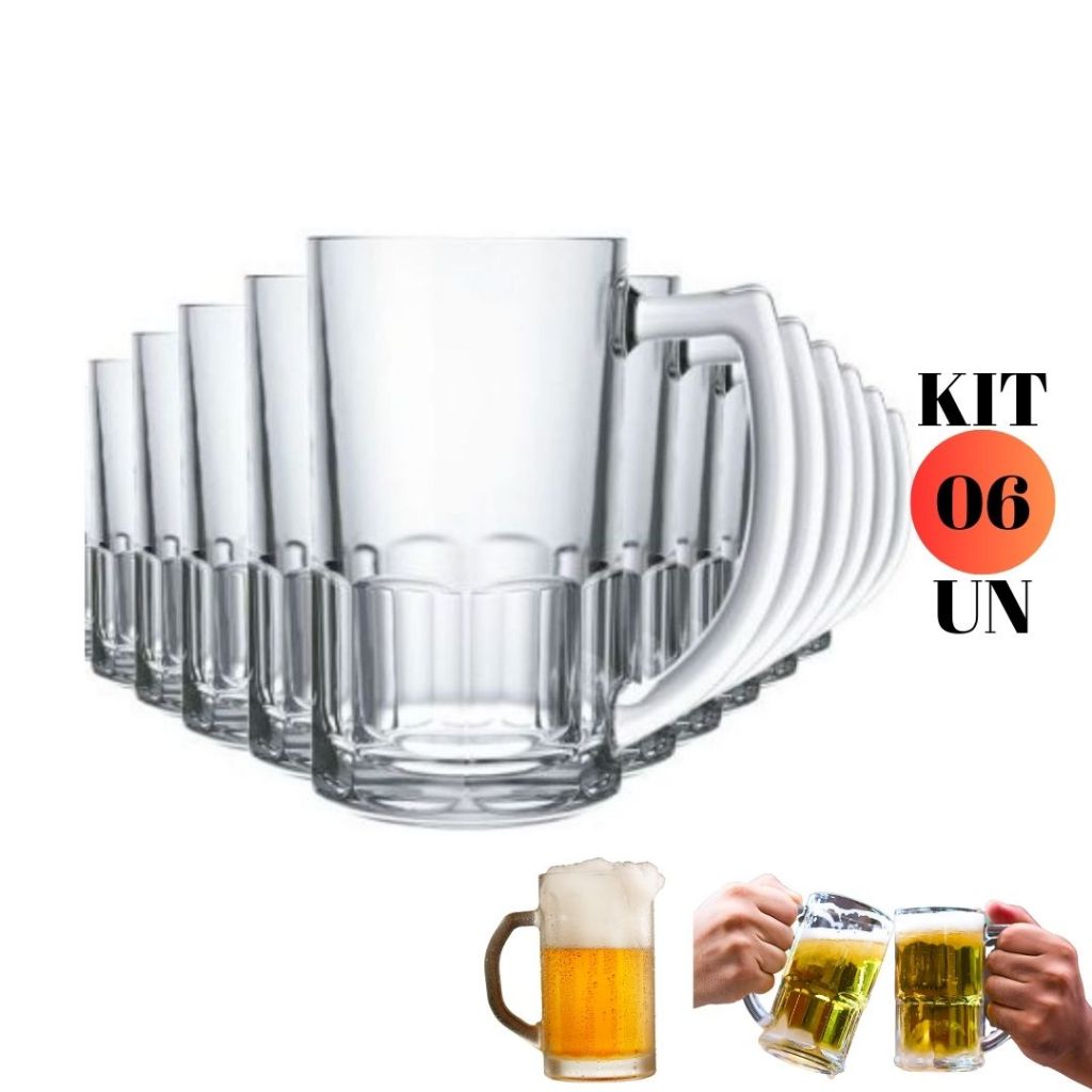 Kit 6 Canecas Chopp Bristol 340ML Vidro Resistente Duralex Cerveja Suco Bar Buffet Nadir Figueiredo Refrigerante