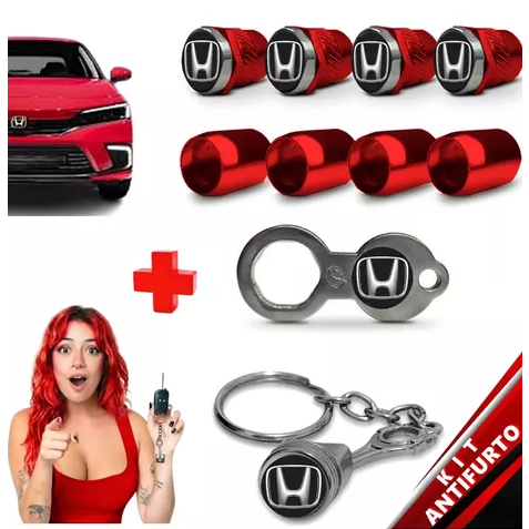 Honda Jogo Antifurto Bico Roda Vermelho Válvula Pneu Metal e Chaveiro Pistão
