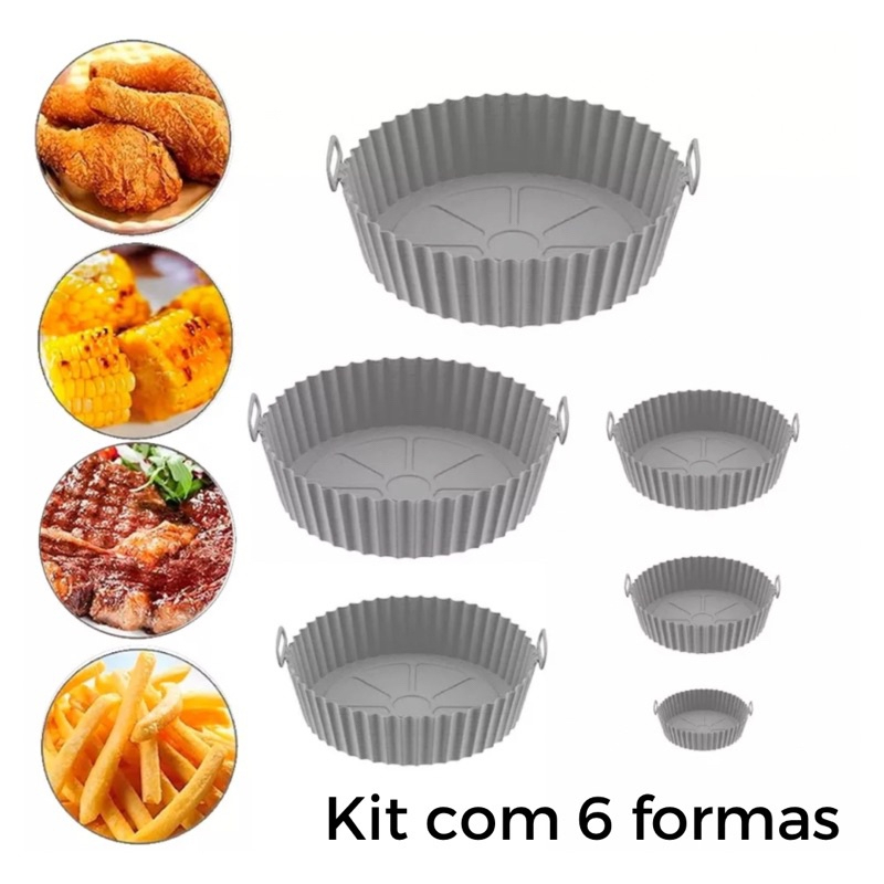 Kit 6 Formas Airfryer Tamanhos Variados Silicone Antiaderente Microondas Lavável Com Alça