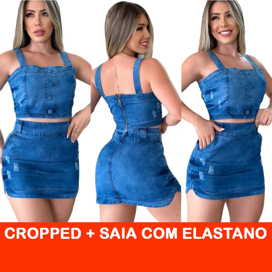 Conjunto Jeans Feminino Cropped e Saia Com Elastano Lycra Strech Moda Blogueira em Oferta na Shopee