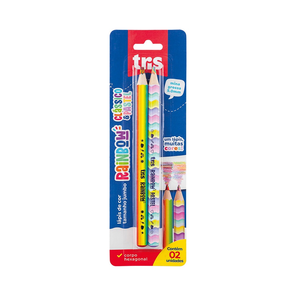 Lápis De Cor Jumbo Arco Íris Rainbow Tris - Grafite Colorido Cores Clássicas e Pastel - Cartela com 2 Unidades Tris