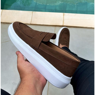 Sapato Masculino Mocassim Loafer Camurça Luxo Sola Alta