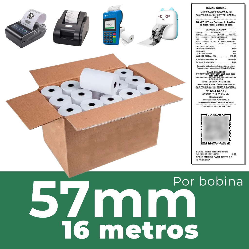 Bobina Térmica Para Mini Impressora Térmica e Máquinas de Cartão 57mm 16metros