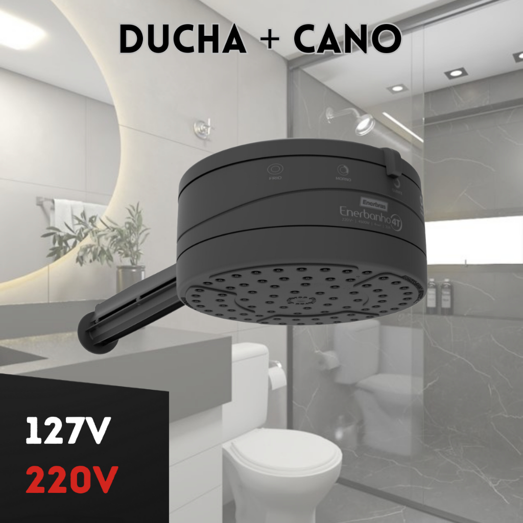 Kit Ducha Chuveiro Eletrico Enerbanho 4T + Cano Braço 30cm ou 40cm Preto Para Chuveiro Econômico Combo Pack Barato Na Cor Preta Para o seu banheiro Black