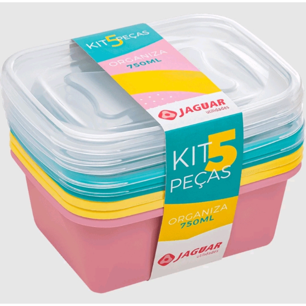 CONJUNTO KIT 5 PEÇAS 750ML RETANGULAR ORGANIZADOR VERSÁTIL POTES VASILHAS PARA ARMAZENAMENTO DE ALIMENTOS - JAGUAR UTILIDADES