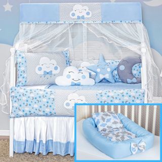 Kit Protetor Berço com Ninho Redutor Bebe Lua Nova Almofadas e Protetores 12 Peças Azul Claro Estrela em Oferta na Shopee