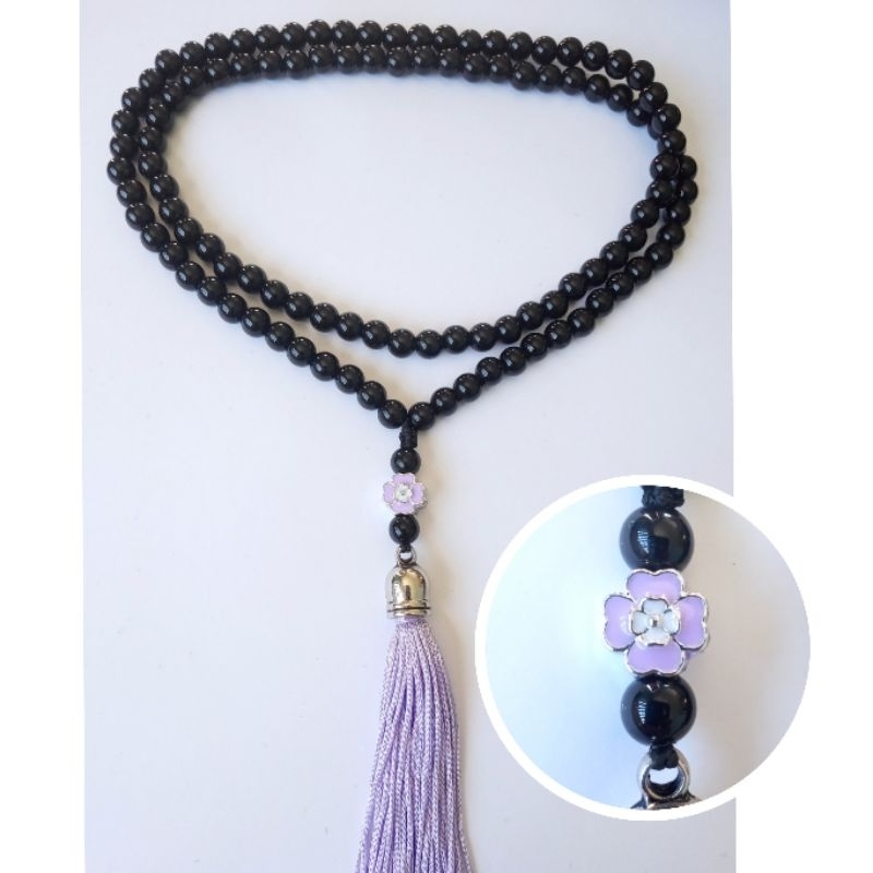 Imagem Japamala 108 Contas Pérola Negra Com Passante Flor Lilás Rosário Budista Meditação Ref:328