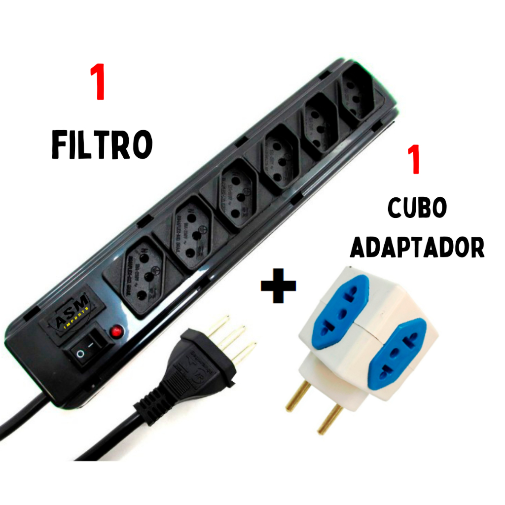 RÉGUA DE TOMADAS MODELO FILTRO DE LINHA COM ADAPTADOR EM CUBO 1m total