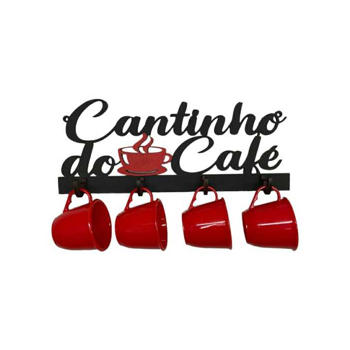 SUPORTE DE MDF PARA XÍCARAS CANTINHO DO CAFÉ COM APLIQUE VERMELHO DE PAREDE COM 4 XÍCARAS DE CAFÉ EM ACRÍLICO COLORIDO 60 ML