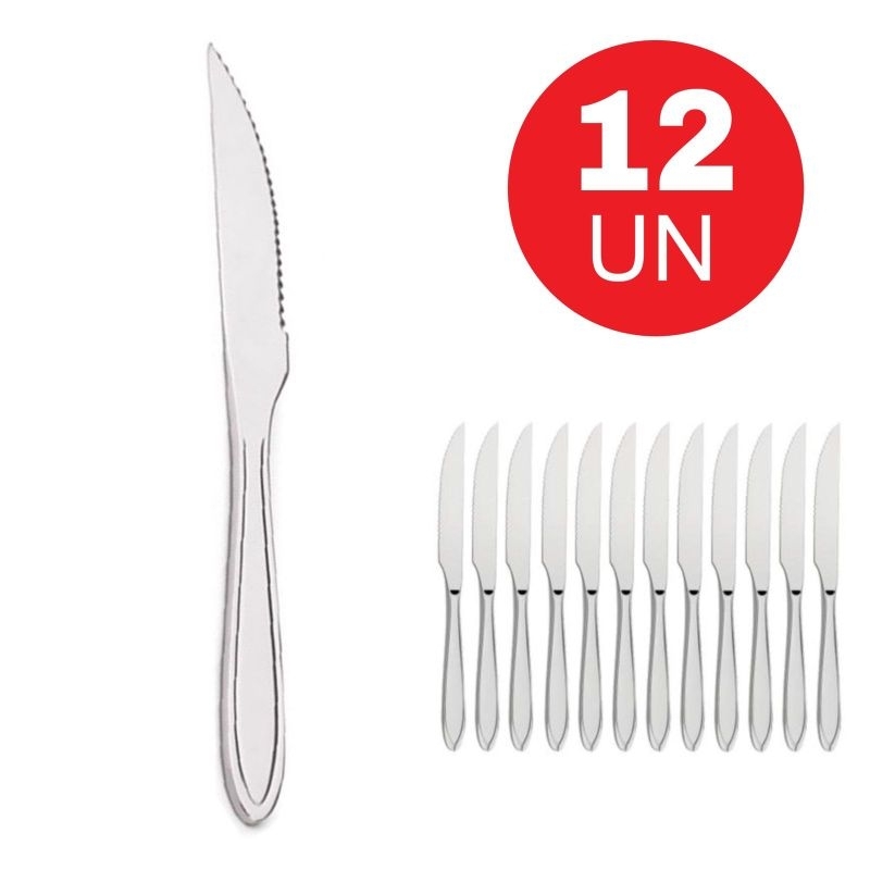 12 Unidades Faca De Mesa Churrasco Inox Para Casa, Bar, Restaurante, Pizzaria, Buffet
