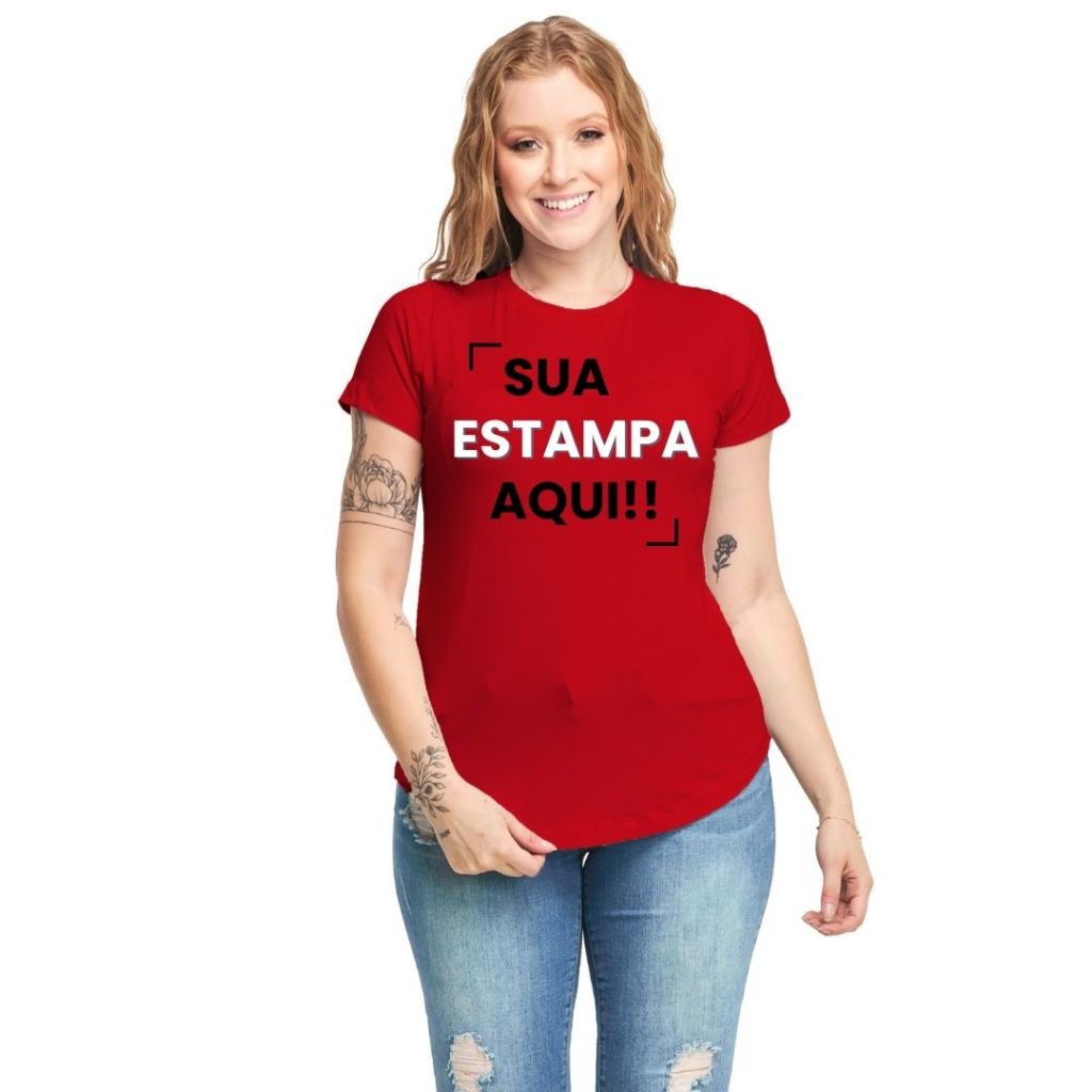 Blusa Long Line Camiseta Feminina Manga Curta Viscolycra Estampa Personalizada C11e
