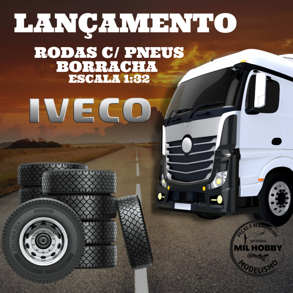 KIT RODAS E PNEUS BORRACHA IVECO HI-WAY ESCALA 1:32