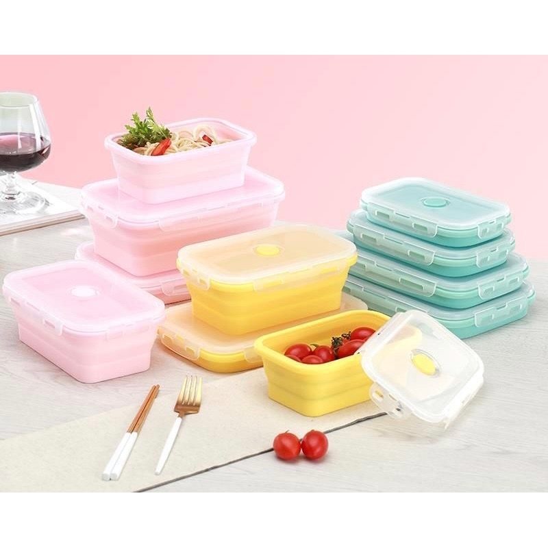 Marmitas Lancheira Retrátil Silicone Pote Dobrável C/ Tampa Trava de Segurança