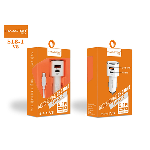 Carregador Veicular Turbo 2 Entradas USB e TIPO C Turbo 9.1A Hmaston S18-2/3 USB C PD Carro