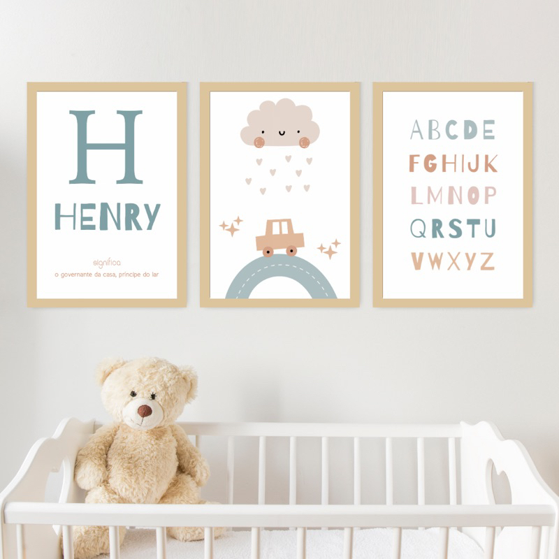 Kit 3 Quadros Decorativos Infantil Personalizado Nome Bebê Para Quarto Ou Porta Maternidade Carro