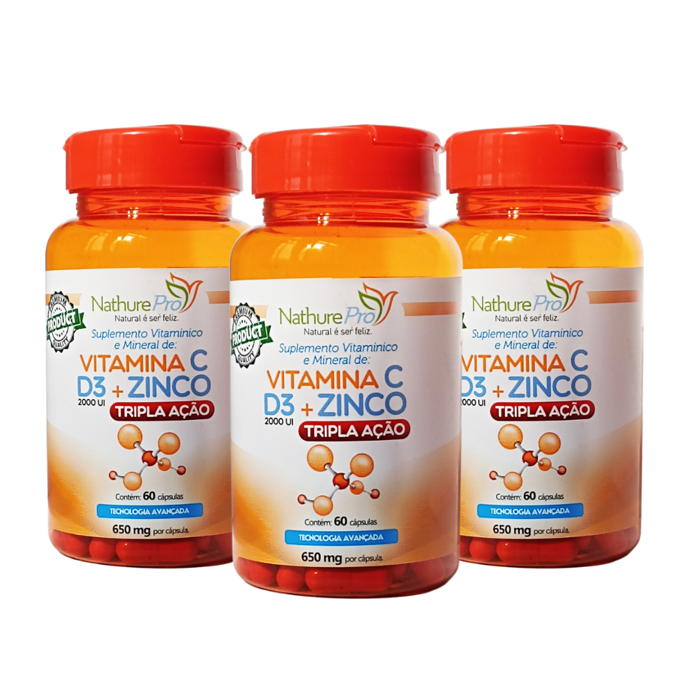 Kit 3 Vitamina C + D3 + Zinco 60 Cáps 500 mg NathurePro Imunidade
