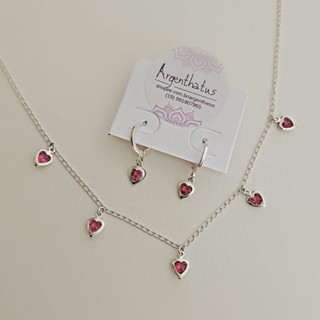 Kit Colar Choker e Brinco Argola de Corações Zircônia