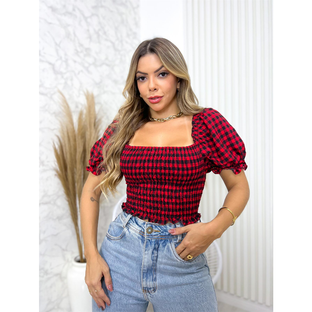 Cropped Com Manga/Manga Bufante/Blusinha Lastex/Xadrez/Cropped Ciganinha com Elástico