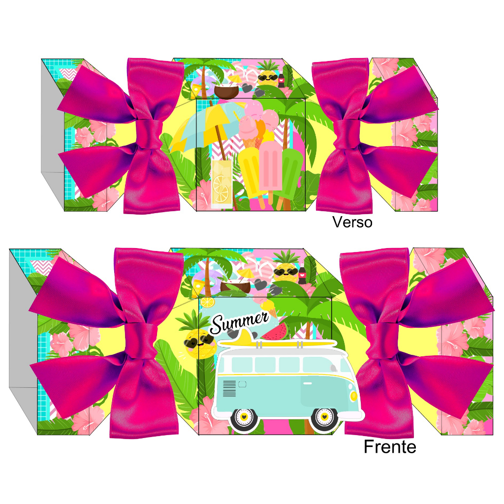 10 Caixas Bala Tropical Summer com Aplique 3D - Decoração Festa Aniversário tema Praia, Tropical, Festa na Piscina, Pool Party, Frutas, tema Hawai, Tema Praiano.