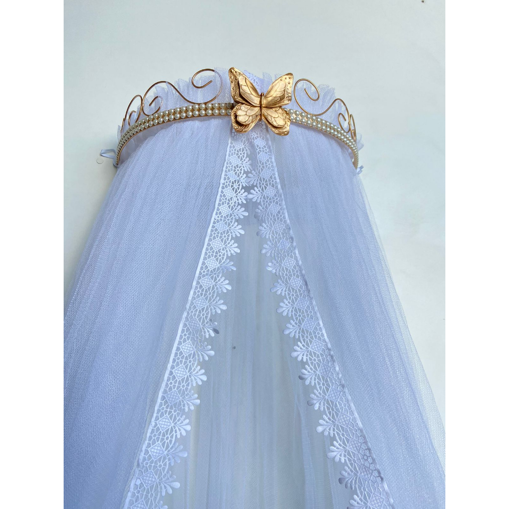 Dossel Luxo com Borboleta Dourado e Mosquiteiro Tule Renda