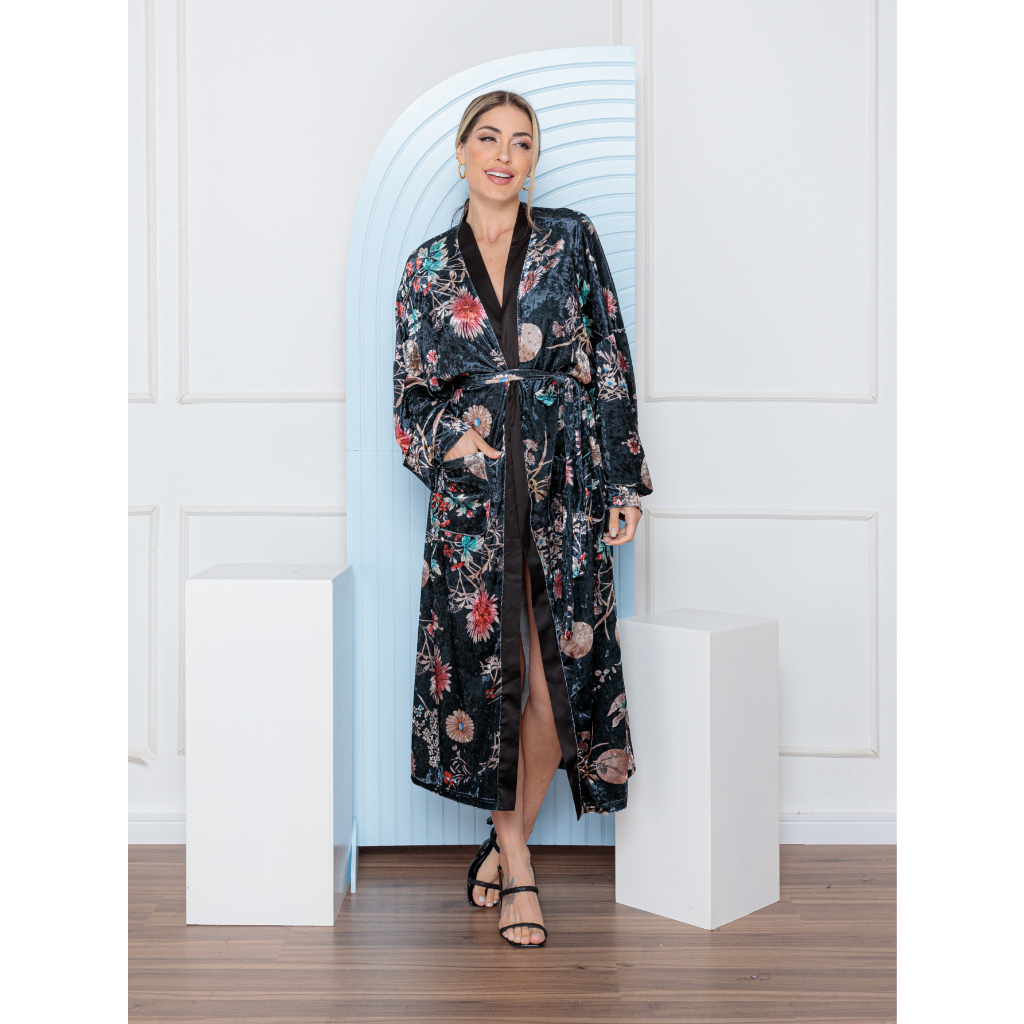 KIMONO VELUDO Quimono Impressão Floral EN VELUDO Confortável e quentinho