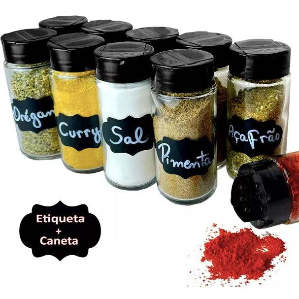 Kit 10 Pote 100ml Para Tempero Tampa Dosadora Dupla + Etiqueta e Caneta Utilidades