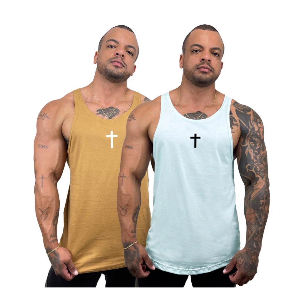 Kit com 2 Regatas Cavada Masculina em Algodão em várias cores disponíveis Estampa Cruz - Bombey