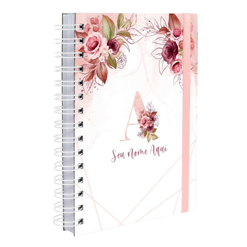 Agenda 2024 Plus Personalizada Floral Branco E Rosa Letra