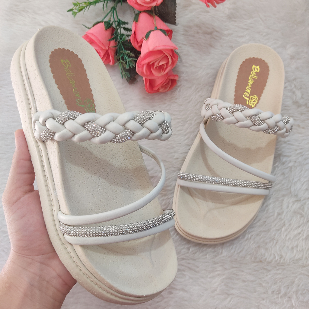 Sandália Papete Feminina Birken Enfeite Trançado De Strass Solado Alto Elegante OffWhite, ...
