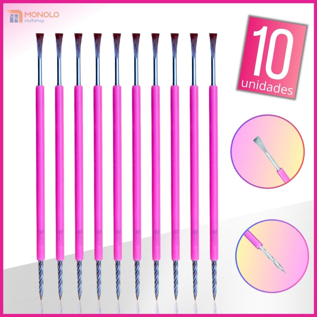 Kit 10 Espátula Cutícula Manicure Cutelaria Rosa Silicone Empurrador Palito Pedicure Podologa Unha