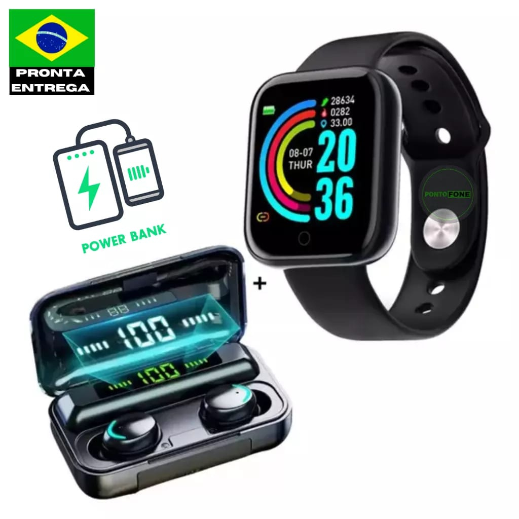 SmartWatch D20 Y68 + Fone Sem Fio Bluetooth F9 com Powerbank - Kit Relógio e Fone de Ouvido Android iOS