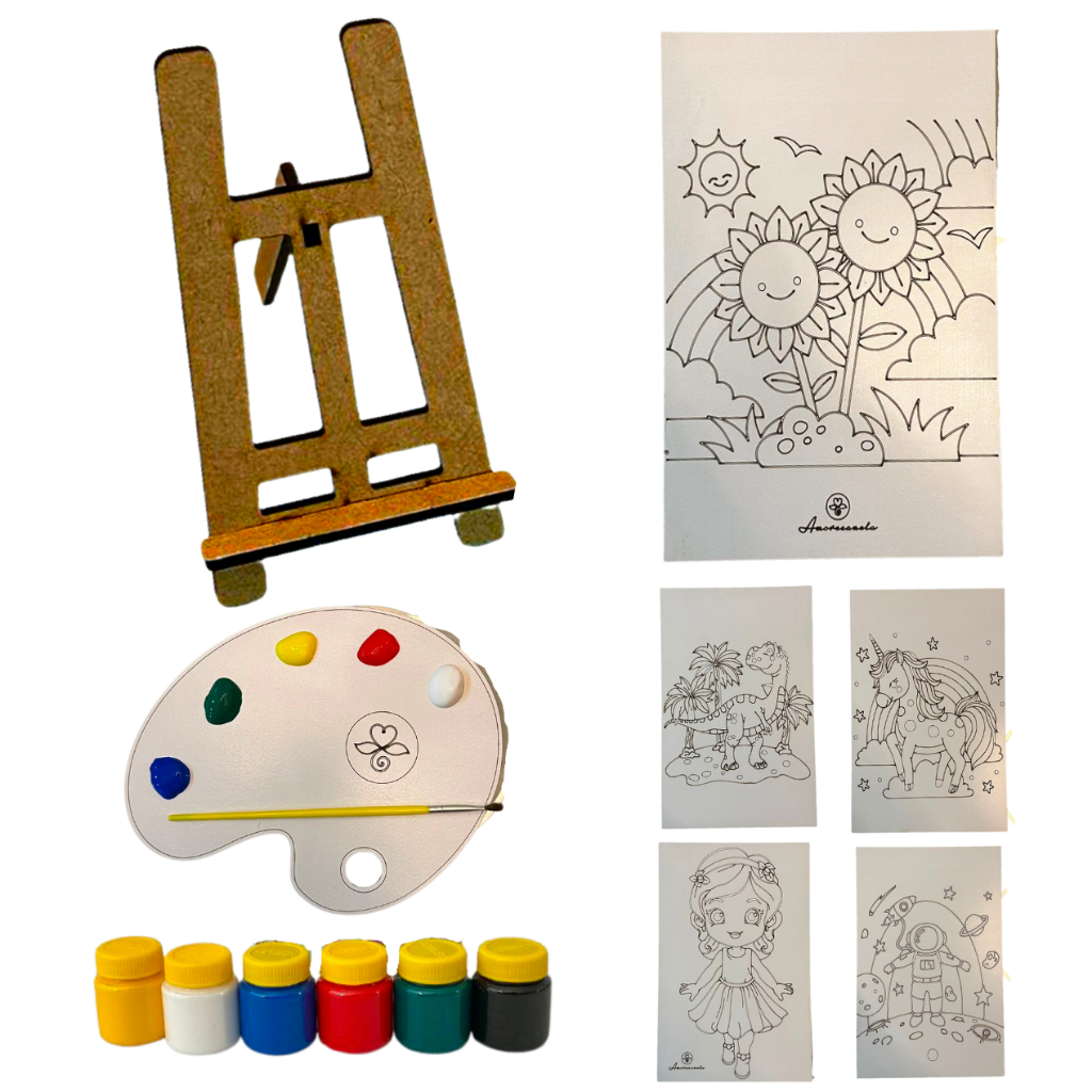 Kit de Pintura Infantil: Meu Primeiro Atelier - 1 cavalete + 6 tintas + 1 pincel + 1 paleta + 5 Telas Pinte + 1 Buchinha