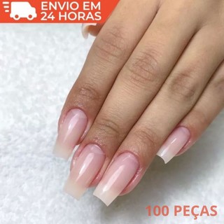 100 Unhas Postiças Natural Alto Colante Realista Kit 100 unidades Unha Postiça Artificial