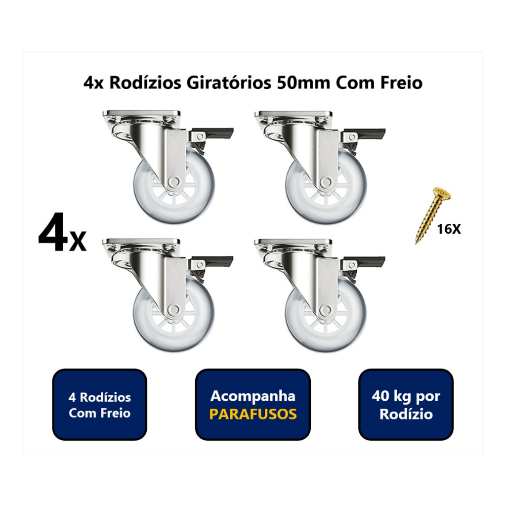 Rodízio 50mm em Gel Silicone Base Giratória Com freio e Parafusos 4 Peças