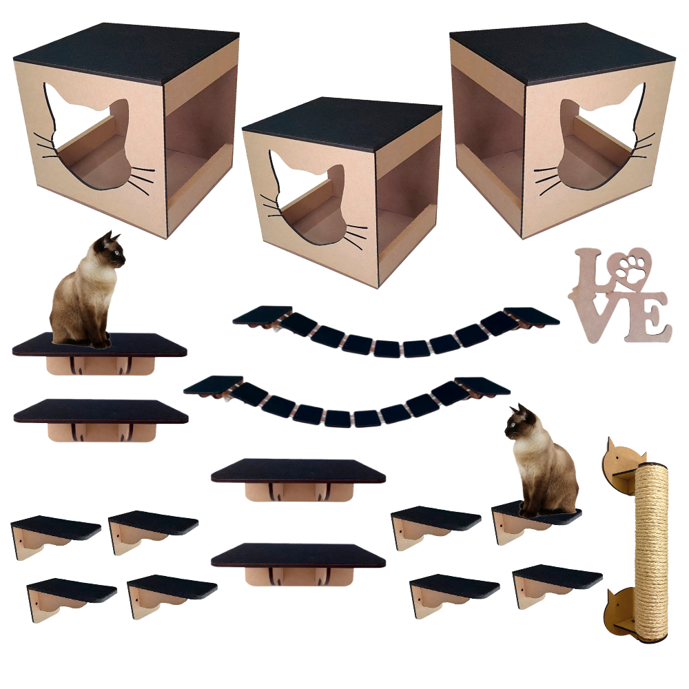 Playground Para Gato parede 17 Peças mdf 6mm 100% montado Ponte Prateleira Degrau Nicho grande