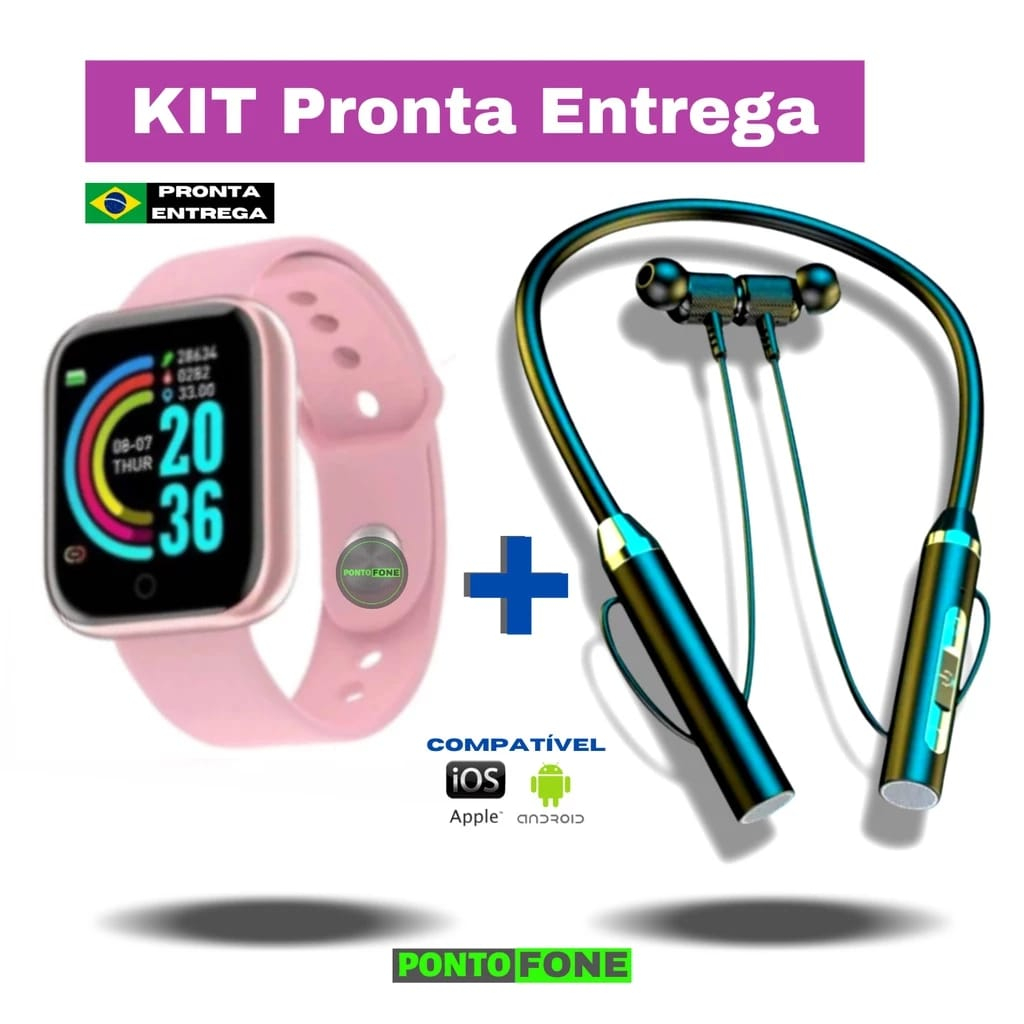 Kit Relógio Inteligente D20 Y68 + Fone de Ouvido Sem Fio B7 | Kit SmartWatch + Fone Bluetooth | Compatível Android iOS