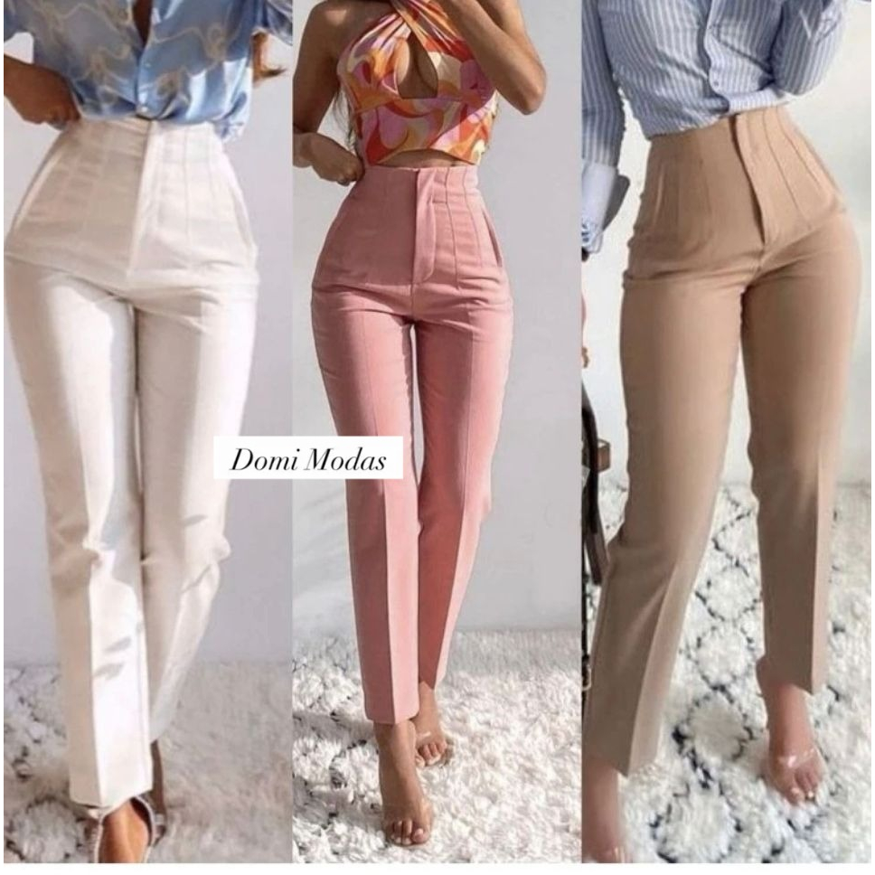 Domi Modas Calça Alfaiataria Feminina Cintura Alta LaNçamento Moda ZR 020