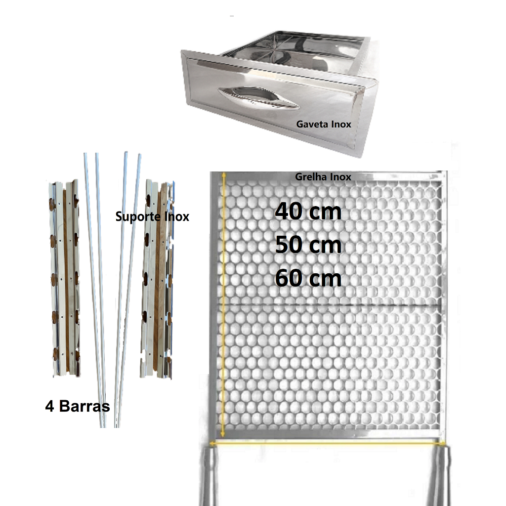 Grelha Inox Churrasqueira Gaveta Inox e Suporte Inox de Churrasqueira para apoio de Grelhas e Espetos