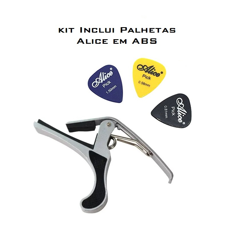 Capotraste Braçadeira de Metal Para Guitarra E Violão Preta ou Prata + Palhetas Alice