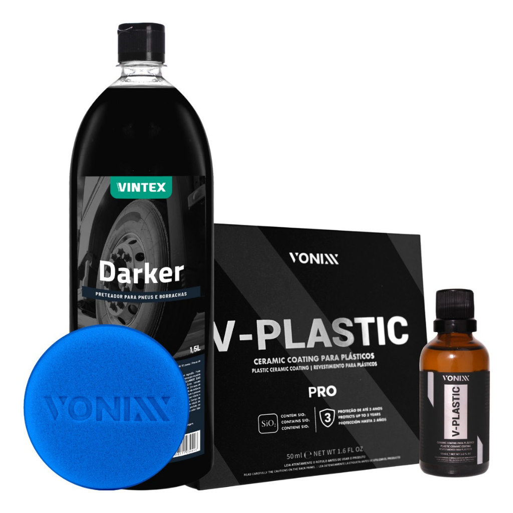 Vitrificador de Plástico Vonixx V-Plastic Pro Darker 1,5L Pneu Pretinho Aplicador Vonixx em Oferta na Shopee