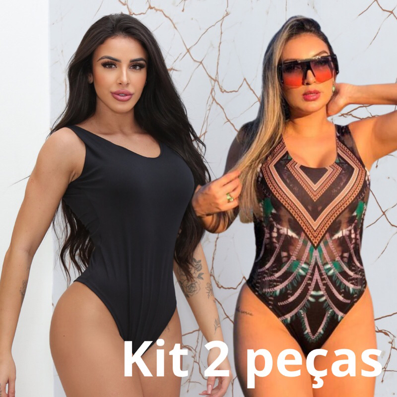 kit 2  peças body maiôs regata elástico nas costas preto/ Estampado corrente