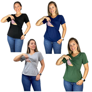 Kit 4 Blusas Amamentação Diversas Cores Viscolycra Premium Camiseta Manga Curta Gola V T-shirt Gestante Grávida Amamentar