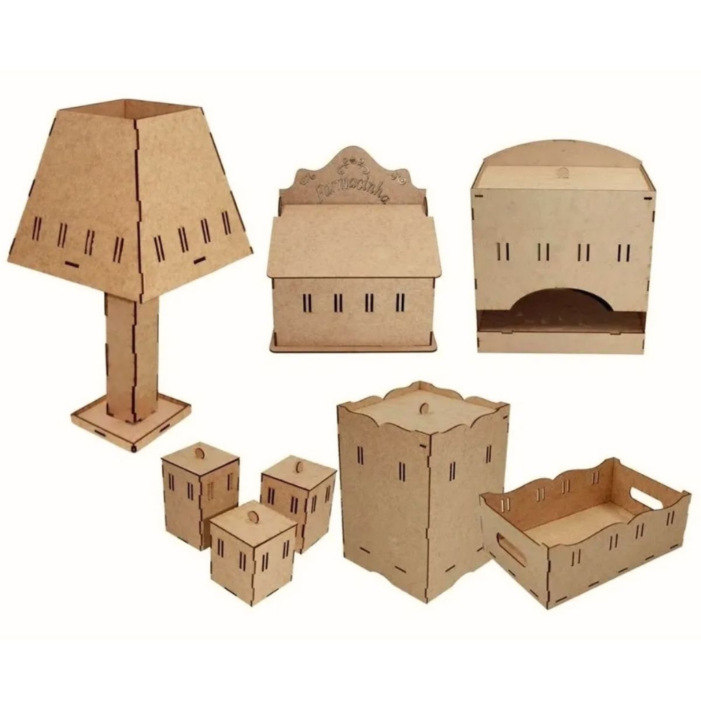 Kit Higiene 8 Peças em MDF Cru Quarto de Bebe Organização