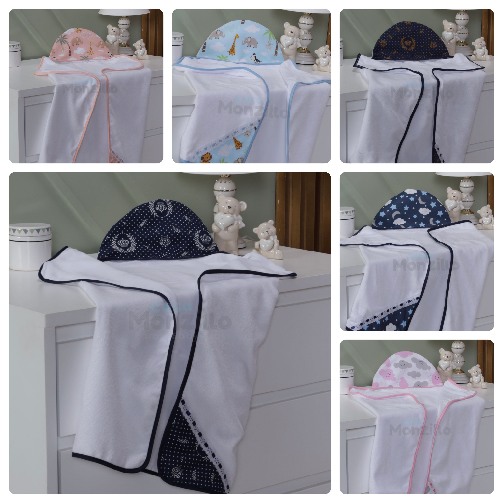 Toalha De Banho Bebe Dupla Face Com Capuz 70x70cm Forrada com Fralda Várias Estampas