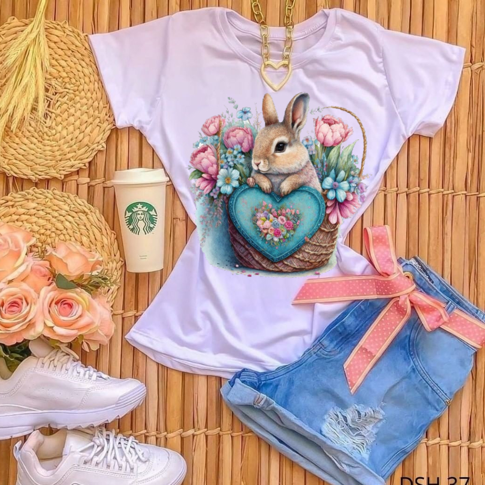 blusinha basica feminina manga curta personagem fofo pascoa P ao GG em Oferta na Shopee