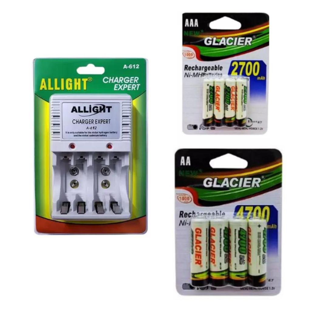 Carregador De Pilhas AA/AAA/9v GLACIER A-612D - ALLRIGHT + 4 AAA e 4 AA