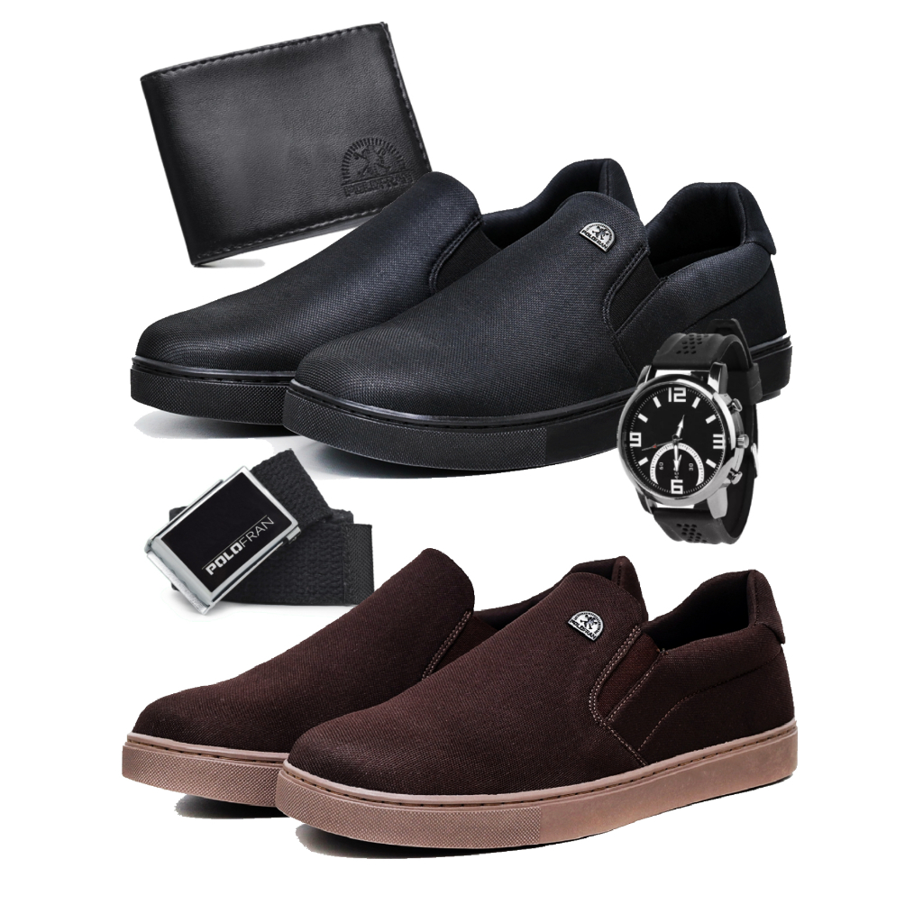 Kit 2 Tênis Masculino Slip On Sapatênis Casual Básico Polo Fran Com Carteira Cinto e Relógio- Bali